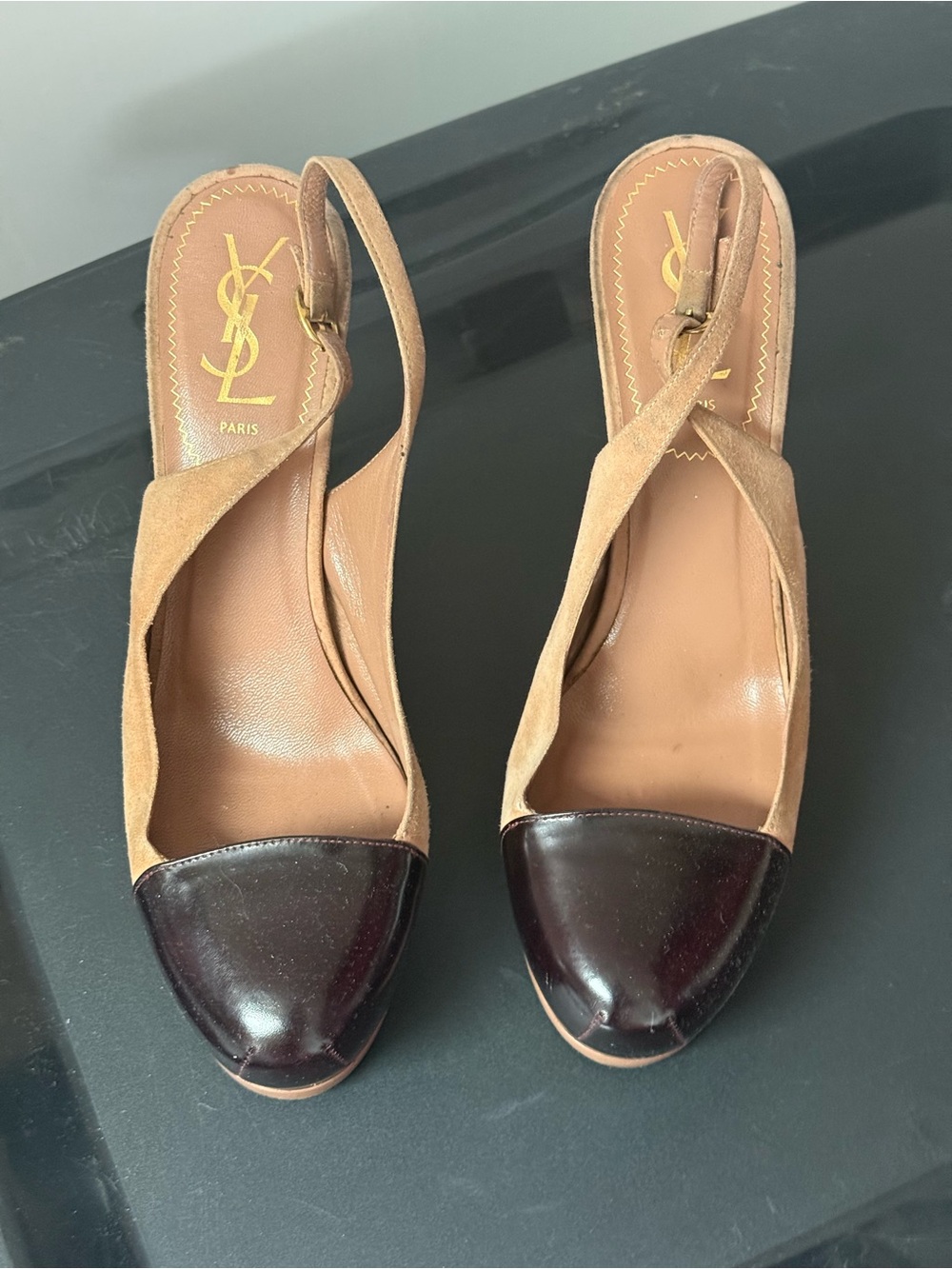 Yves Saint Laurent Tan Suede and Dark Brown Cap Toe Slingback Pumps